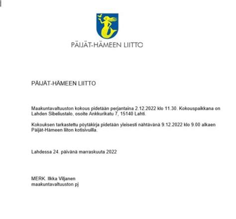 Kuulutus maakuntavaltuuston kokouksesta 2 12 2022 Päijät Hämeen liitto