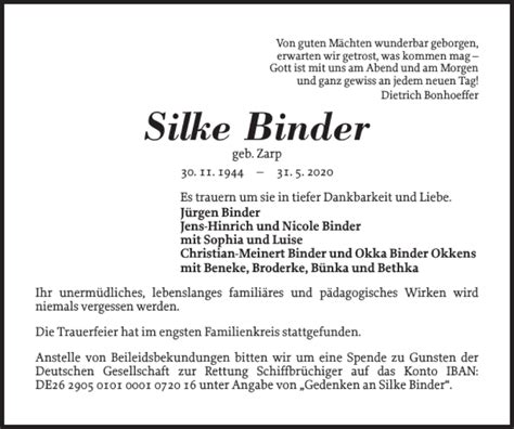 Traueranzeigen Von Silke Binder Sh Z Trauer