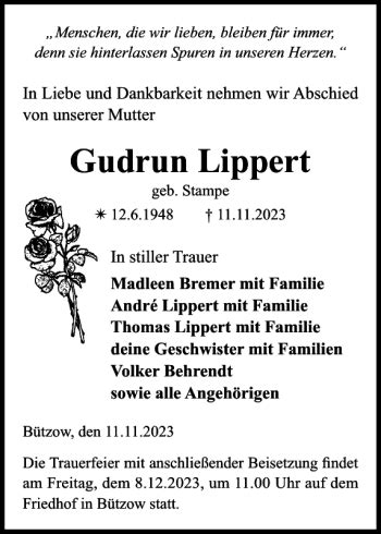 Traueranzeigen Von Gudrun Lippert Trauer Nordkurier