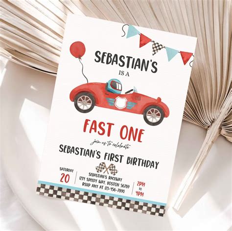 Editable Fast One Race Car 1st Birthday Invitation Race Car Fast One