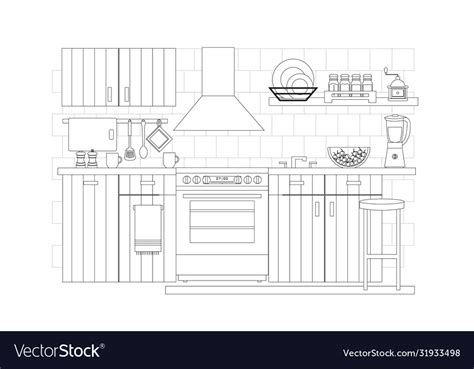 Kitchen Interior In Line Art Royalty Free Vector Image