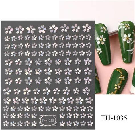 D Laser Sakura Flower Nail Sticker Aurora Decals Glitter Star