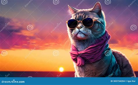 Funny Illustration With A Cute Cat Wearing Sunglasses 4k Stock