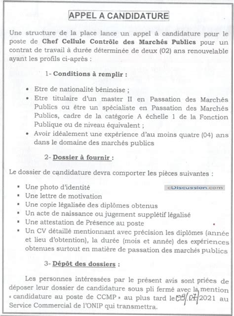 Une Structure De La Place Recrute Chef Cellule Contr Le Des March S