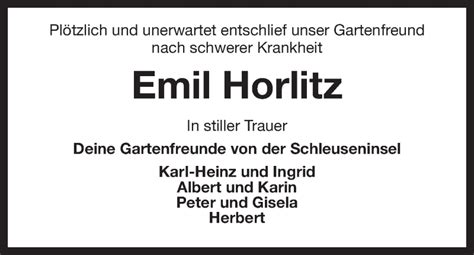 Traueranzeigen Von Emil Horlitz Nordwest Trauer De