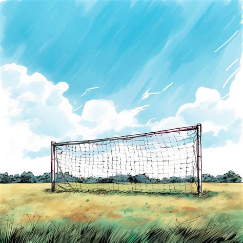 Premium Photo | Cartoon of a soccer goal in a field with a sky ...