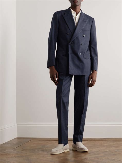 Navy Double Breasted Wool Cotton And Cashmere Blend Twill Suit Jacket