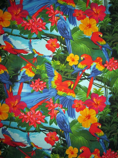 Tropical Birds Scenic Parrot Macaws Hibiscus Floral 1888 Cotton Quilt