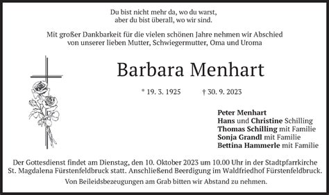 Traueranzeigen Von Barbara Menhart Trauer Merkur De