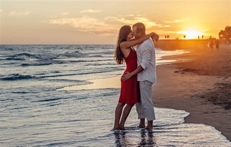 Wallpaper Sea Girl Sunset Passion Kiss Hugs Pair Male Lovers