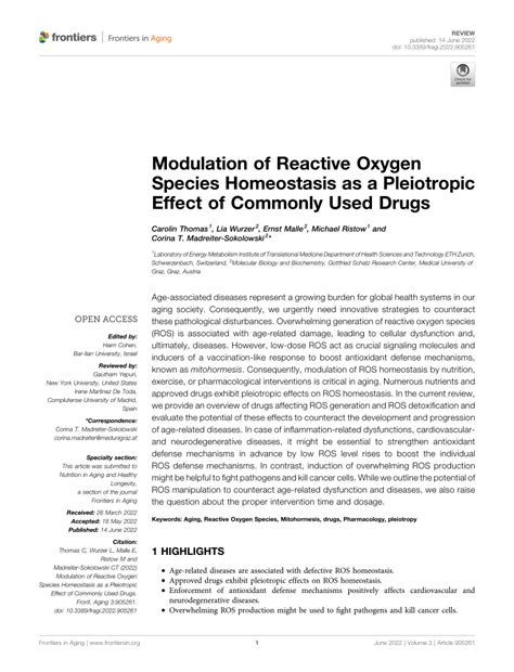 PDF Modulation Of Reactive Oxygen Species Homeostasis As A