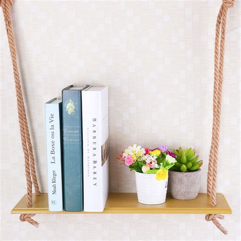 New Rustic Solid Bookshelf Wood Rope Hanging Wall Shelf Country Vintage ...