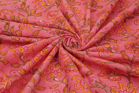 Pink Floral Cotton Fabric By Yard Block Print Fabric India Etsy