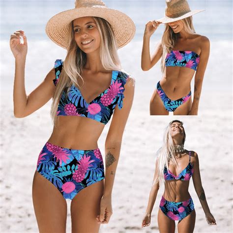 Verano Sexy mujer planta imprimir Bikini volantes traje de baño playa