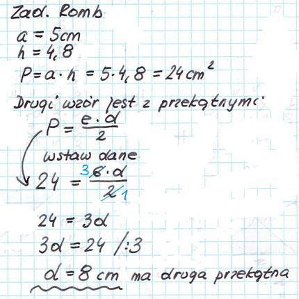 bok rombu ma 5 cm a wysokość tego rombu wynosi 4 8 cm Jedna z
