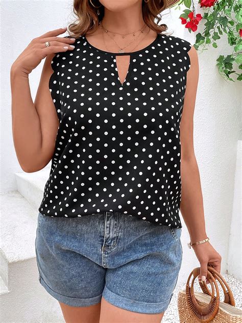 Shein Lune Plus Polka Dot Print Keyhole Neckline Scallop Trim Blouse