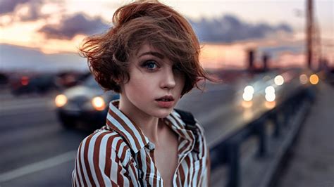 Women Brunette Short Hair Blue Eyes Portrait Windy Shirt Depth Of Field