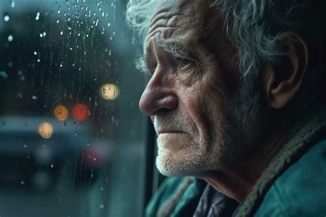 Senior man sad and depressed looking out of the window with raindrops ...