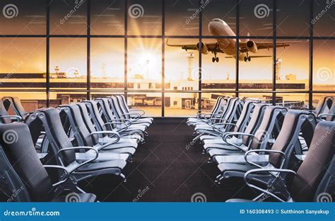 Empty Airport Terminal Lounge With Airplane On Background Modern