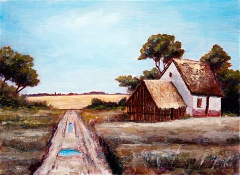 Old Farm Houses by a Road - Oil Painting - Fine Arts Gallery - Original fine Art Oil Paintings ...