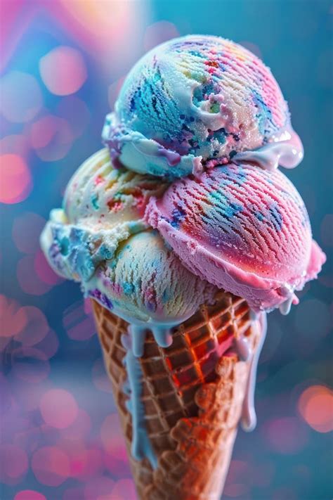 Colorful Ice Cream Cone With Rainbow Swirls And Melting Scoops Against