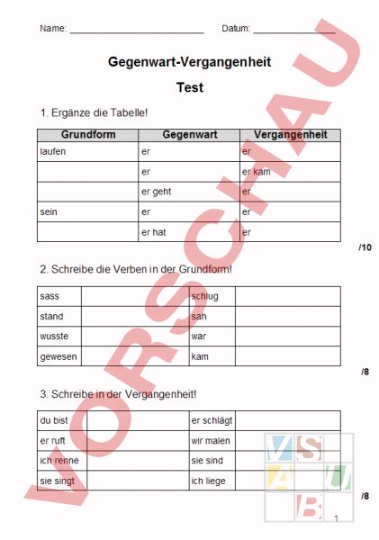 Arbeitsblatt Vergangenheit Und Gegenwart Deutsch Grammatik