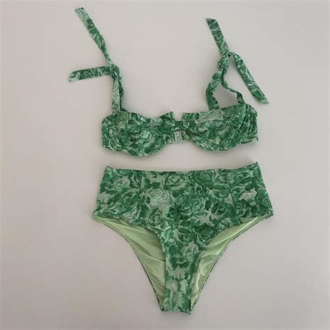 Ganni Green Rose Print Bikini Set High Waisted Depop