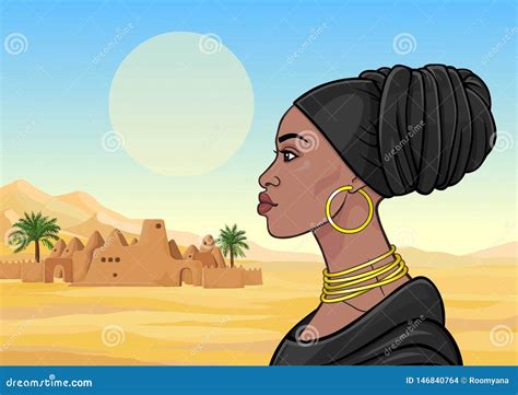 African Beauty Animation Portrait Of The Beautiful Black Woman In A Turban And Gold Jewelry