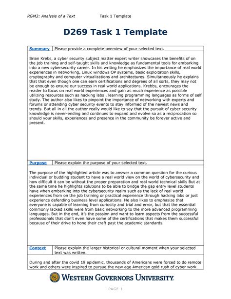 D269 Task 1 Pass Pass First Time RGM3 Analysis Of A Text Task 1