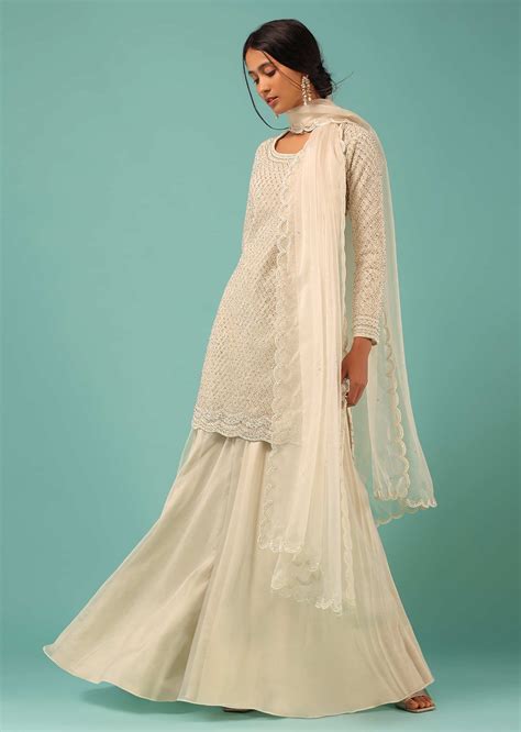 Buy Off White Palazzo Suit With Embroidered Mesh Design