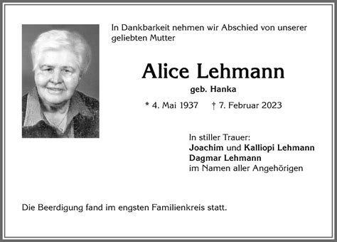 Traueranzeigen von Alice Lehmann Allgäuer Zeitung