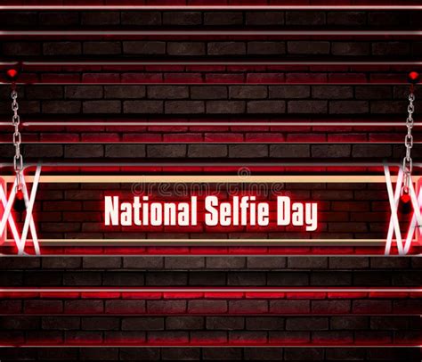 June National Selfie Day Neon Text Effect On Bricks Background Stock Illustration