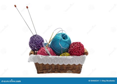 Knitting Yarn Balls And Needles In Basket Isolated On White Background