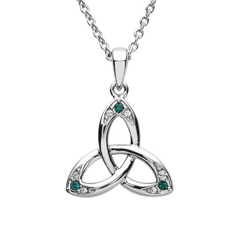 Platinum Plated Trinity Knot Necklace With Green And Clear Crystals