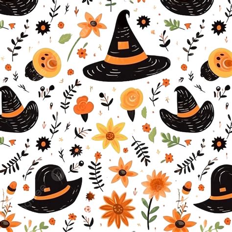 Happy Halloween Seamless Pattern Witch Hat With Flowers Sweets Witch