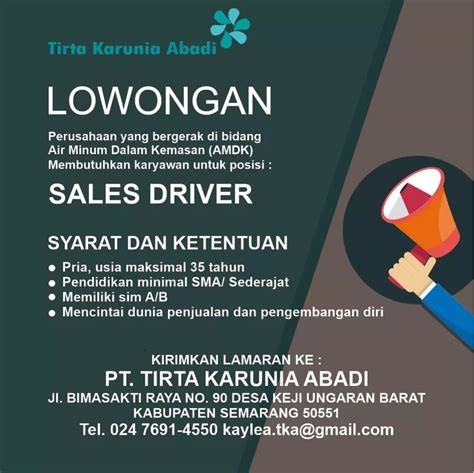 Lowongan Kerja Sales Driver Di Pt Tirta Karunia Abadi Ungaran