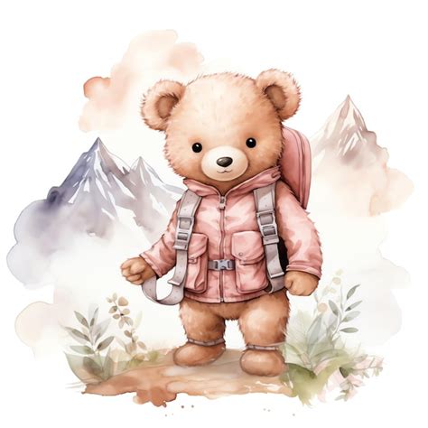 Linda ilustração de clipart em aquarela de bebê alpinista teddy ursinho