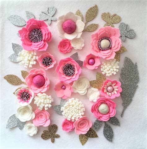 Hand Made Pink Ivory Felt 3d Flowers Roses And Glitter Leaves Felt