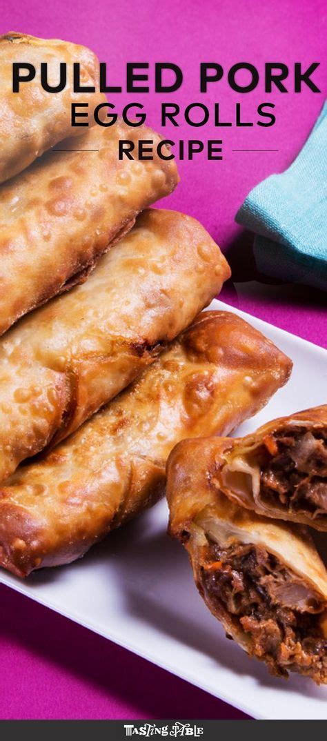 Rolled Pork Egg Rolls On A Plate With The Words Pulled Pork Egg Rolls Recipe Above It