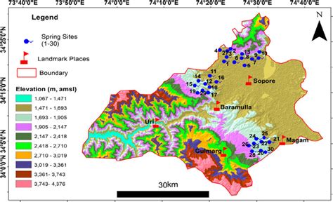 Map of the study area depicting location of 30 springs of District ...