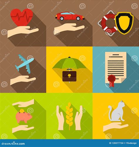 Assurance Icons Set Flat Style Stock Illustration Illustration Of Coverage Office 128377734