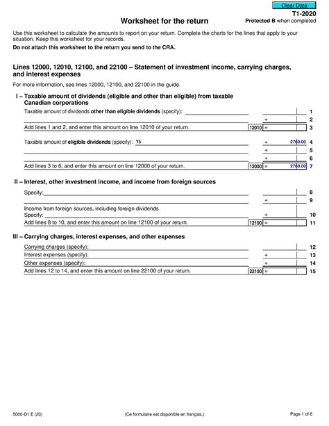 Worksheet 2020 Tax Return T1 Worksheet For The Return Protected B