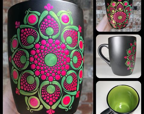 Hand Painted Coffee Mug Large Ceramic Cup Metallic Pink And Green Dot