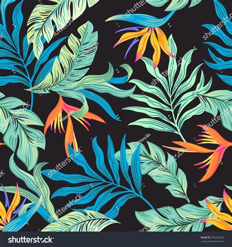 Tropical Flower Bird Of Paradise And Blue Leaves Seamless Vector