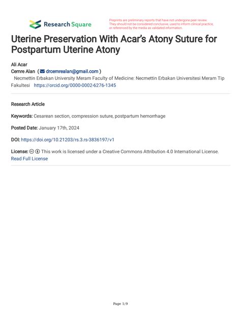 Pdf Uterine Preservation With Acar’s Atony Suture For Postpartum Uterine Atony