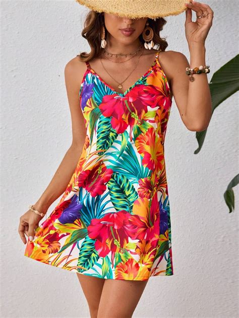 Shein Vcay Vestido Estampado Tropical Floral Sem Mangas Plus Size