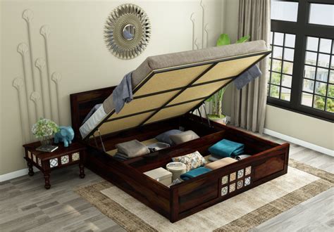 Buy Relay Wooden Hydraulic Bed Queen Size Walnut Finish Online In India Urbanwood