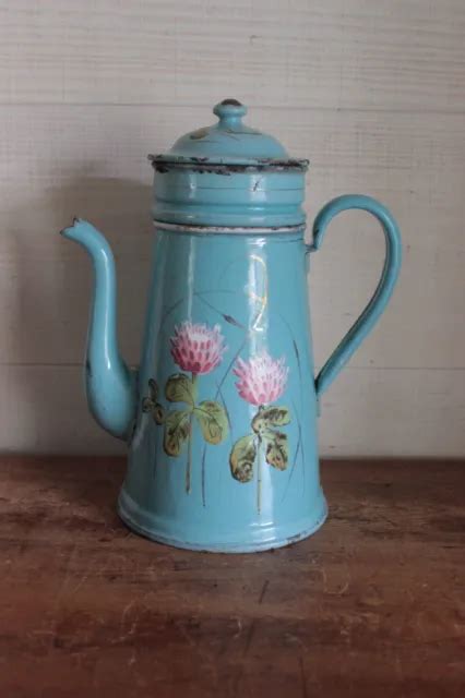 CAFETIÈRE ÉMAILLÉE ANCIENNE fleurs en relief old enamelled coffee pot