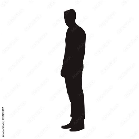 Man in jumper standing, isolated vector silhouette. Side view, people ...