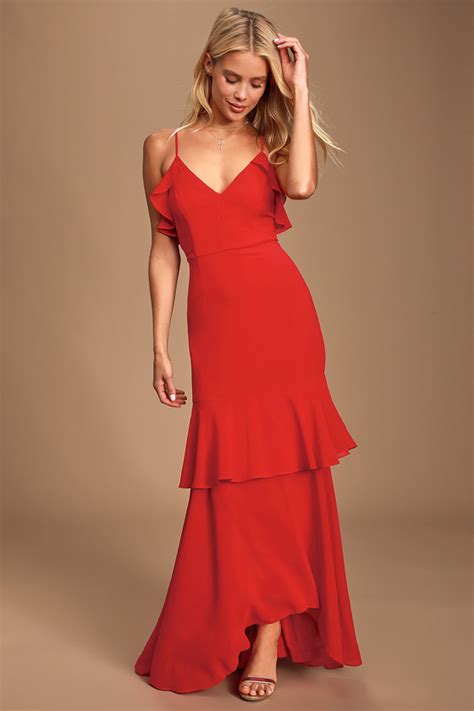 Glam Red Maxi Dress Ruffled Maxi Dress High Low Maxi Dress Lulus